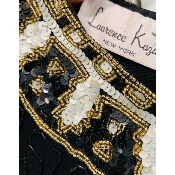 Vintage 80s Silk Beaded Sheath Dress, Formal, Black Tie Cocktail Kazar Blk/Gld - Picture 3 of 16